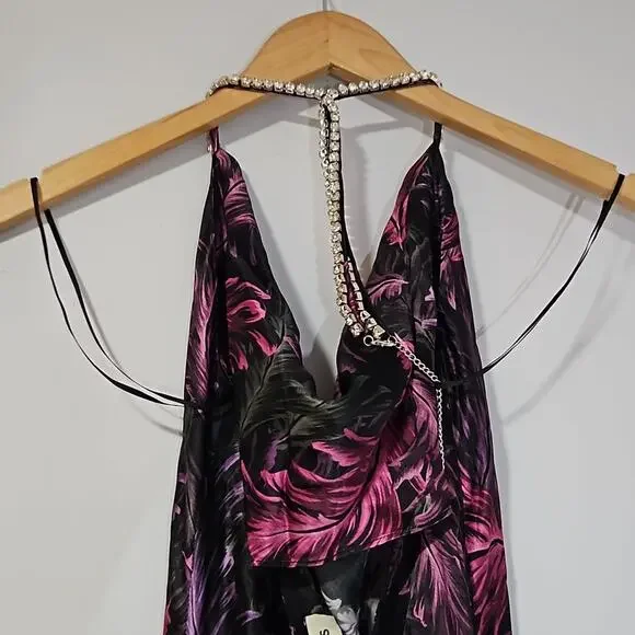 NWT NICHOLAS Melia floral-feather print silk halter-neck maxi gown
